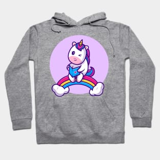 Cute Unicorn Reading Book On Rainbow Cartoon Hoodie